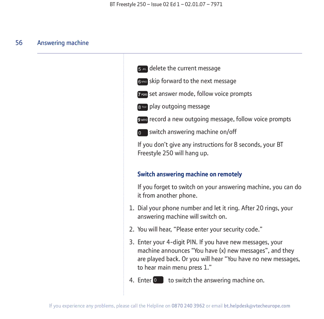 BT 250 manual Switch answering machine on remotely 