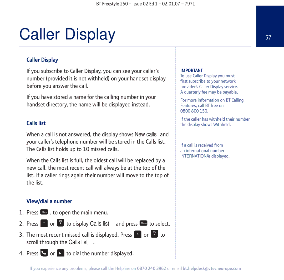 BT 250 manual Calls list, View/dial a number 