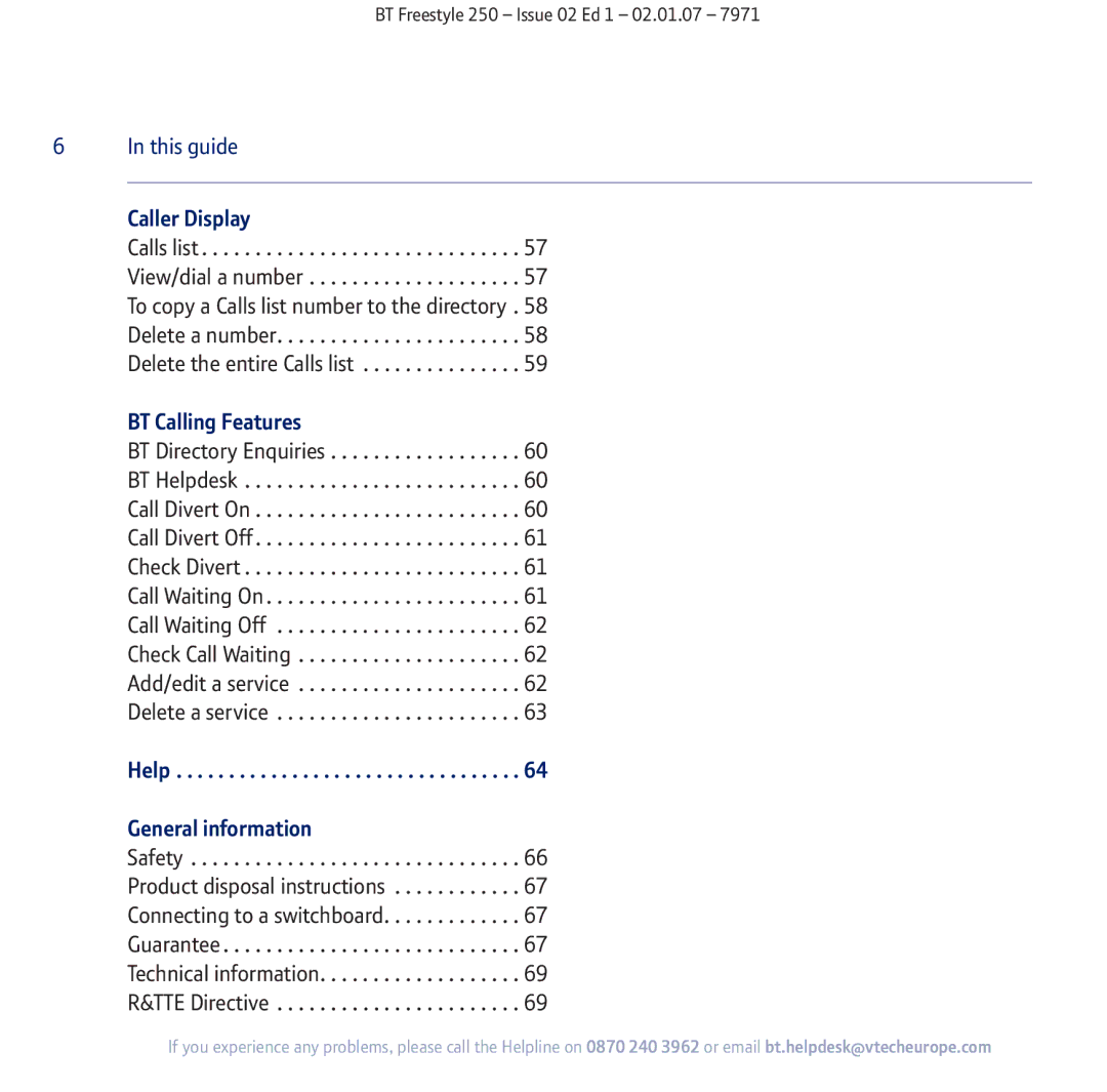 BT 250 manual Caller Display, BT Calling Features, Help General information 