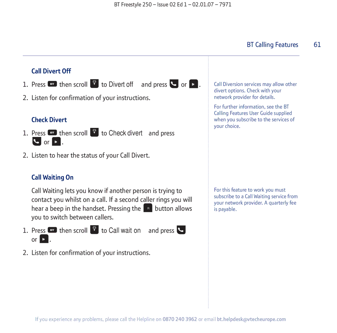 BT 250 manual Call Divert Off, Check Divert, Call Waiting On 