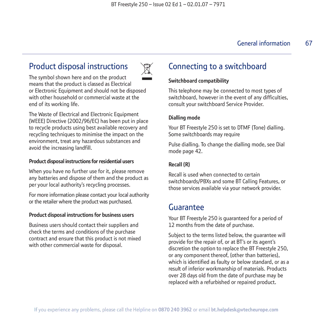 BT 250 manual Product disposal instructions 