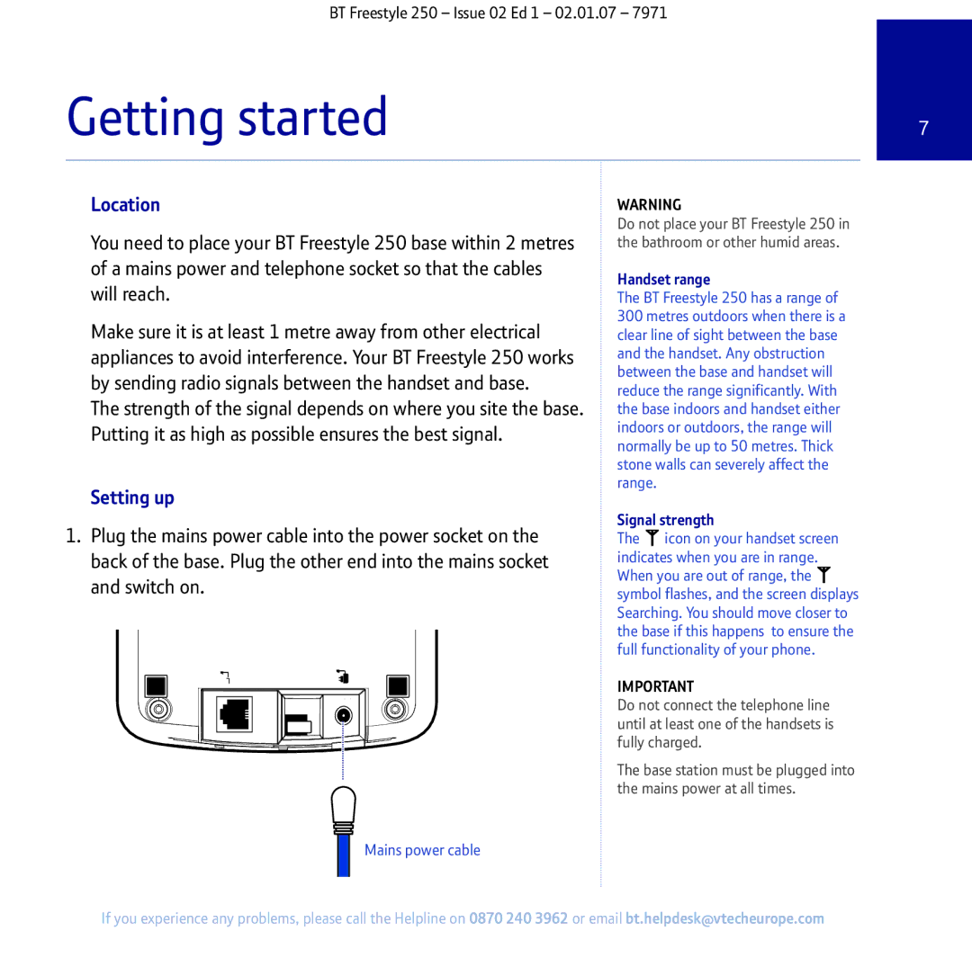 BT 250 manual Getting started, Location, Setting up, Handset range, Signal strength 