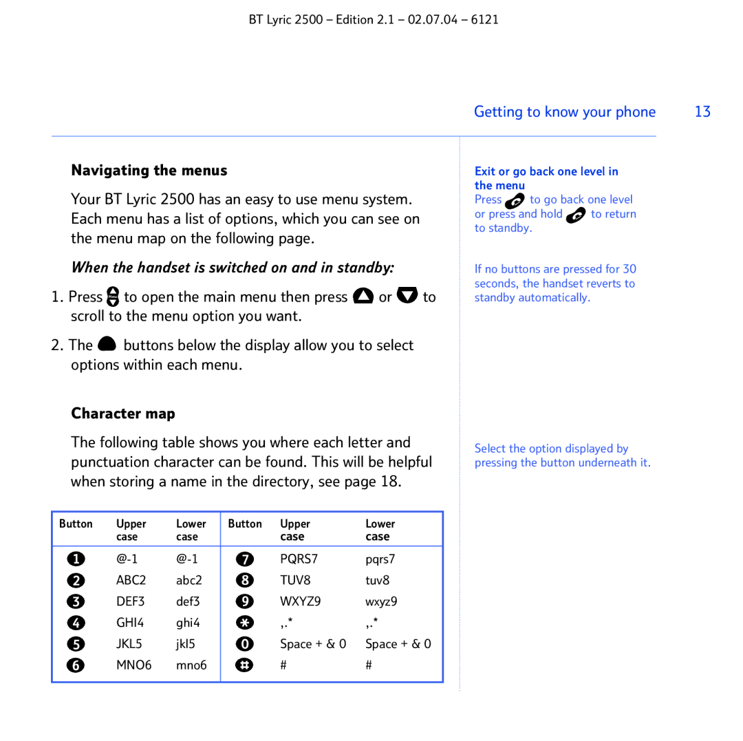 BT 2500 manual Navigating the menus, Menu map on the following, When storing a name in the directory, see 