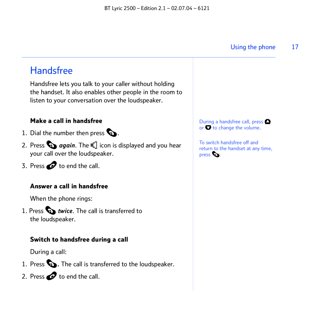 BT 2500 manual Handsfree 