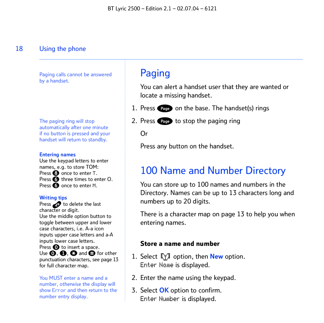 BT 2500 manual Paging, Name and Number Directory, Entering names, Writing tips 