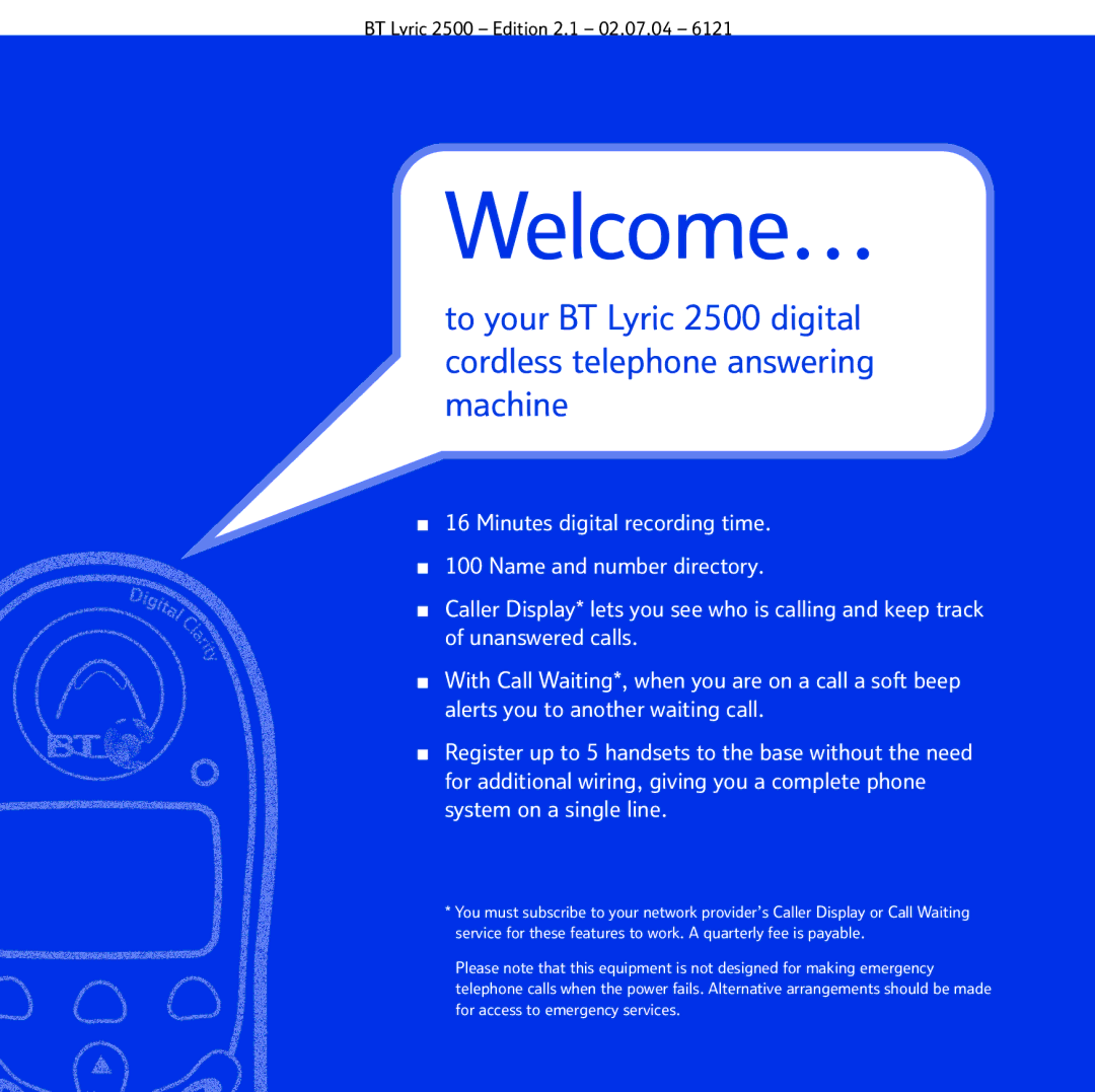 BT 2500 manual Welcome… 