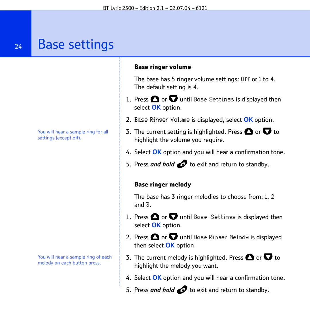 BT 2500 manual Base settings 