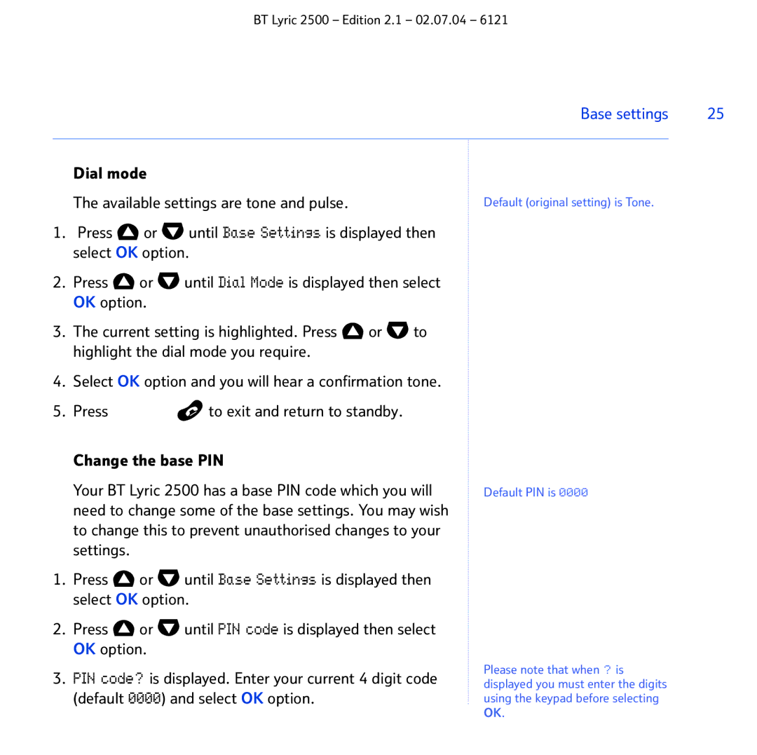 BT 2500 manual Base settings 