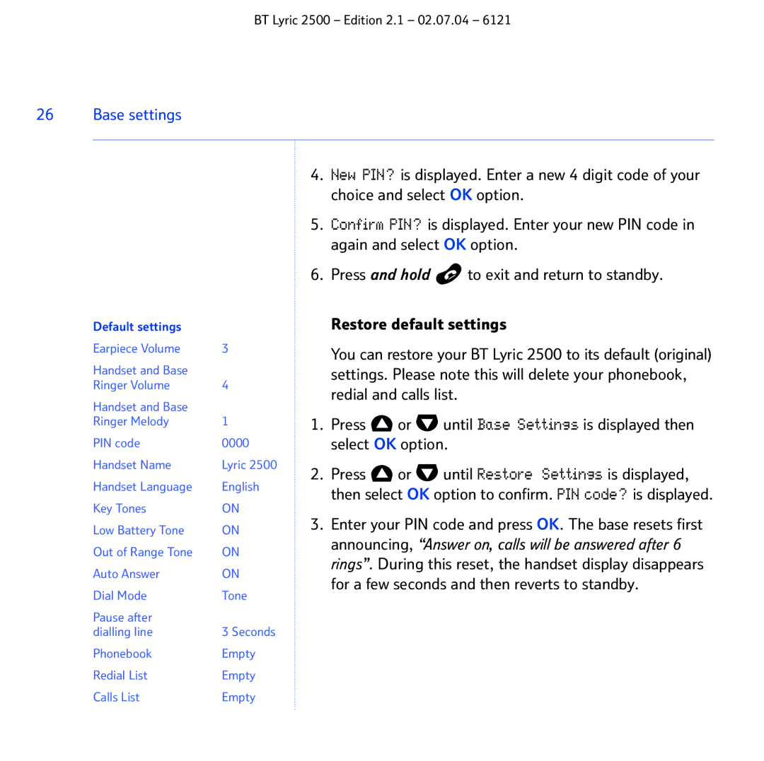 BT 2500 manual Default settings 