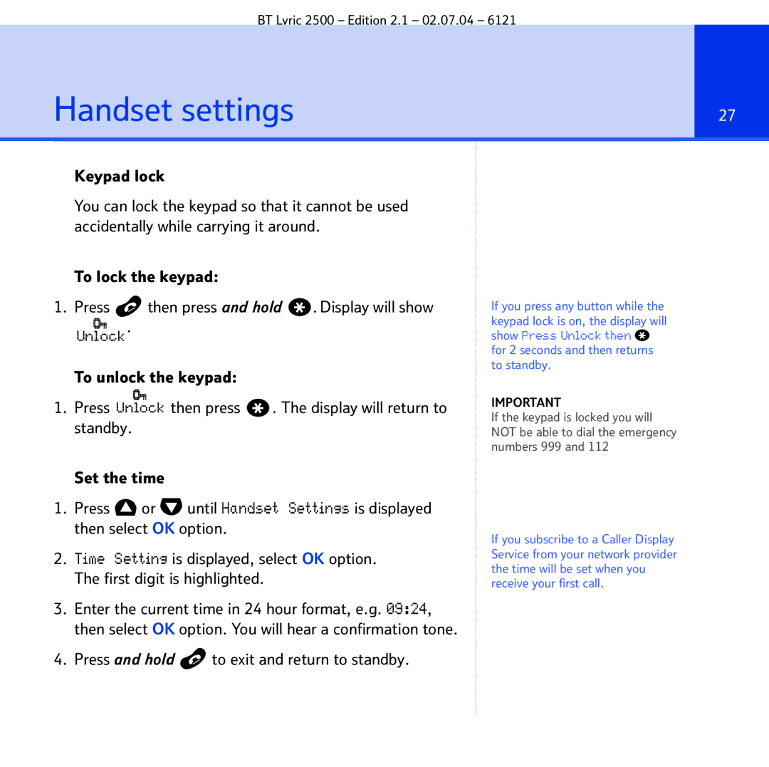 BT 2500 manual Handset settings 