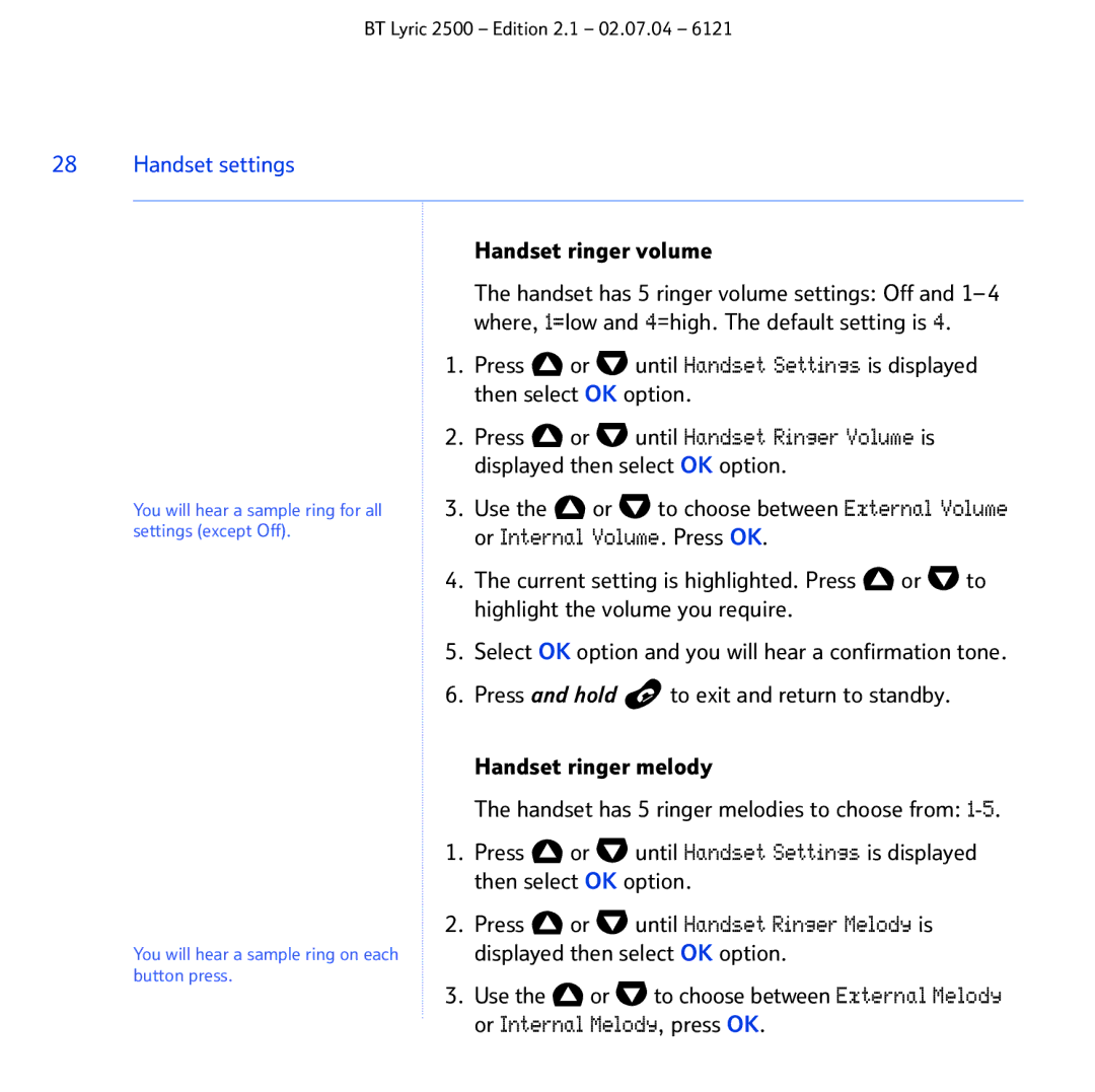 BT 2500 manual Handset ringer volume 