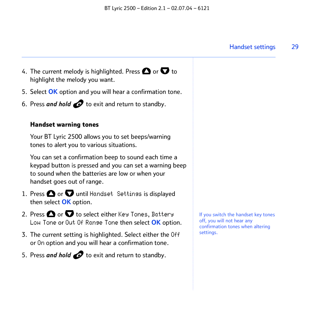 BT 2500 manual Low Tone or Out Of Range Tone then select OK option, Current setting is highlighted. Select either the Off 