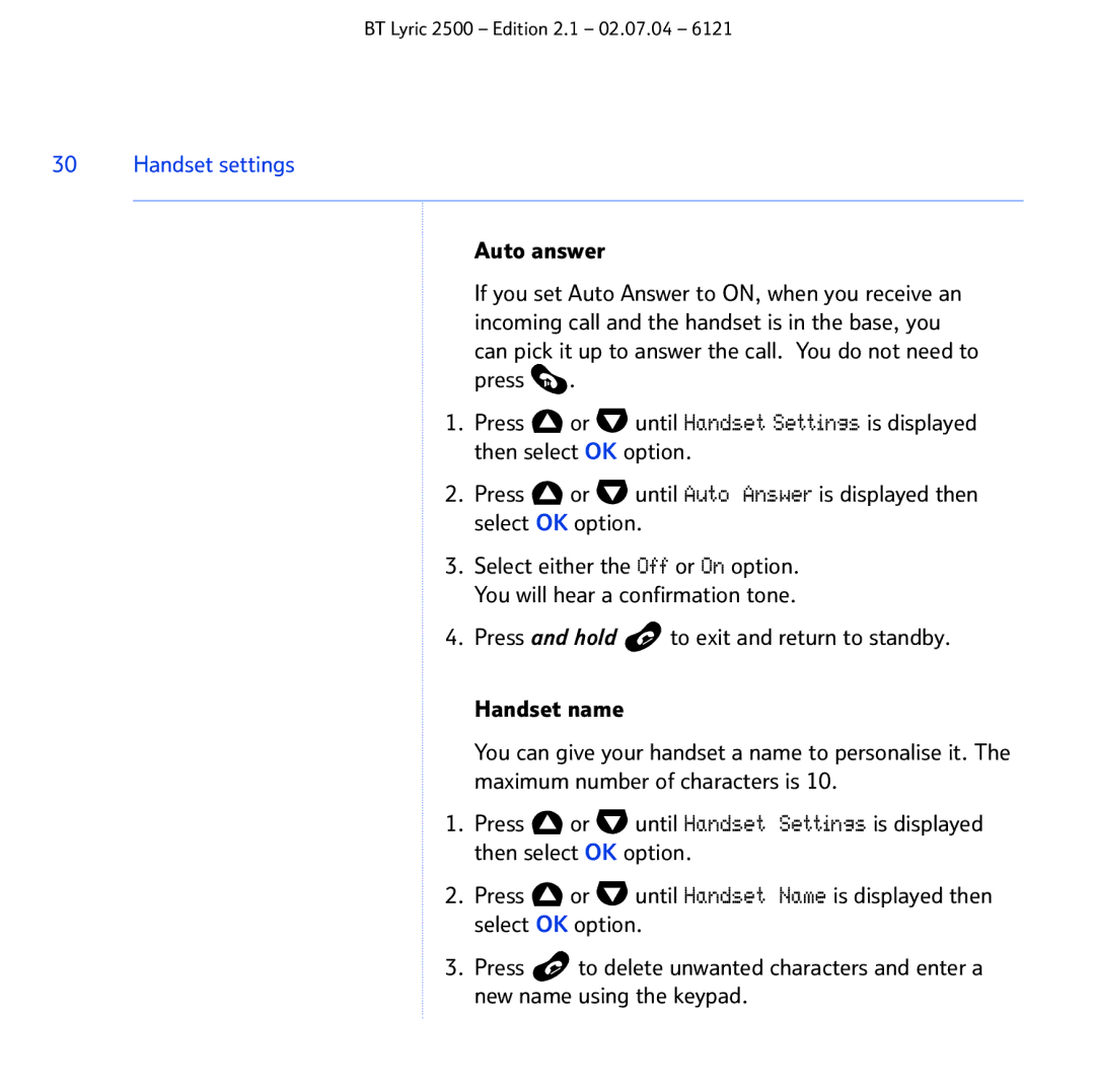 BT 2500 manual Handset settings 