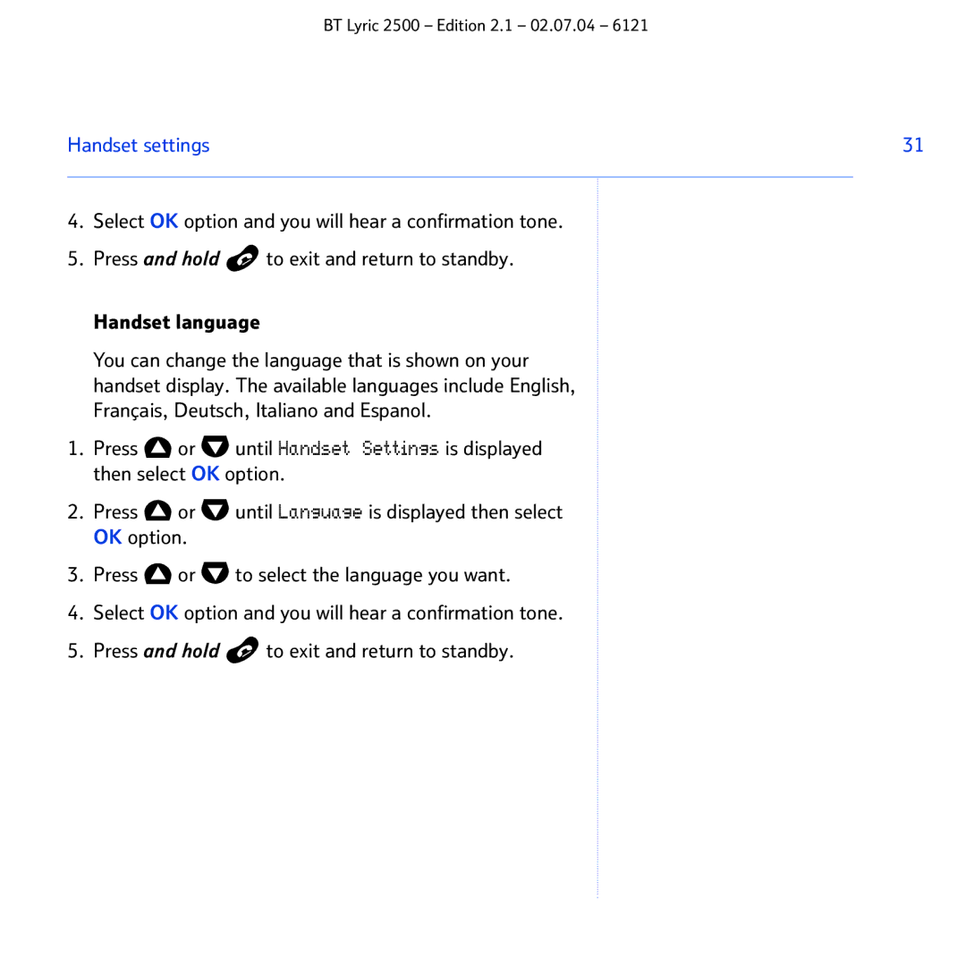 BT 2500 manual Handset settings 