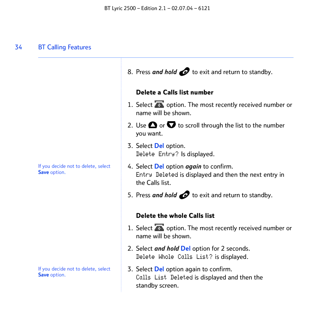 BT 2500 manual Delete Entry? Is displayed 