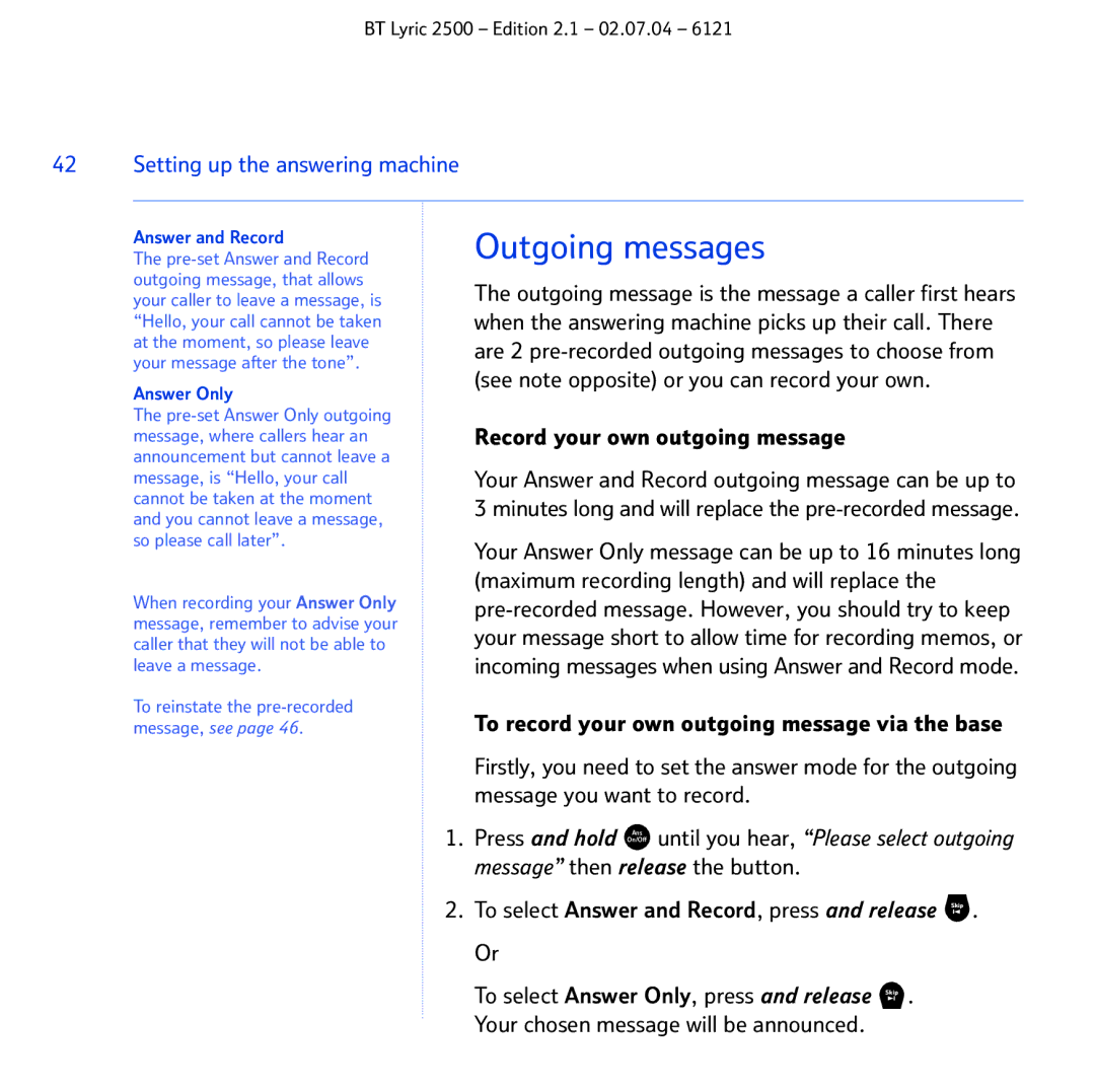 BT 2500 manual Outgoing messages, Answer and Record, Answer Only 