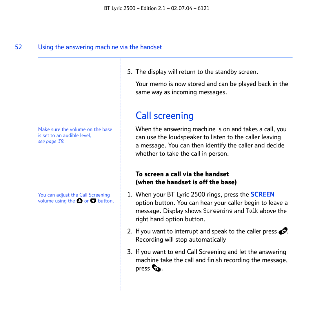 BT 2500 manual Using the answering machine via the handset 