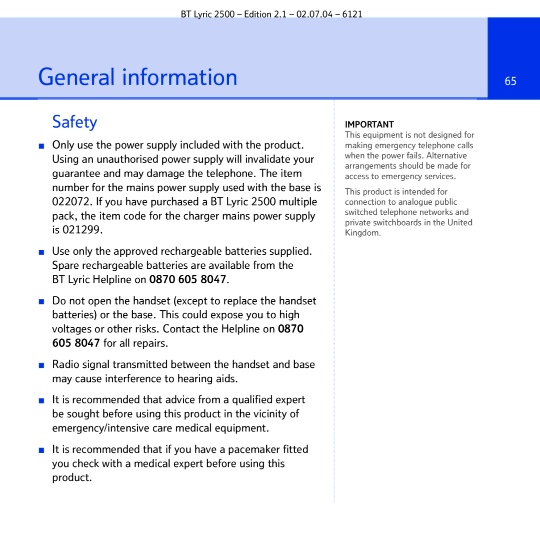 BT 2500 manual General information, Safety 