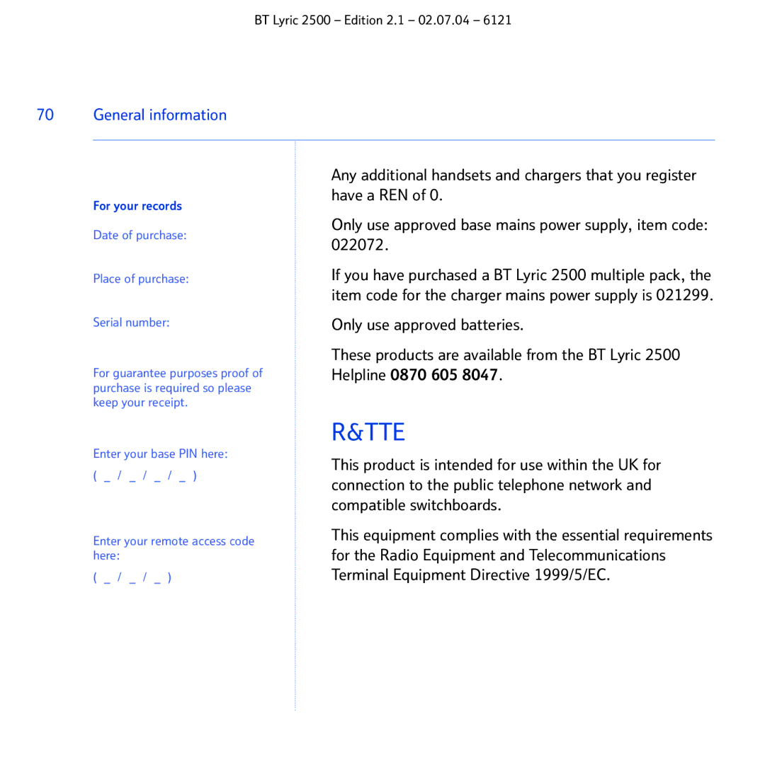 BT 2500 manual Tte, For your records 