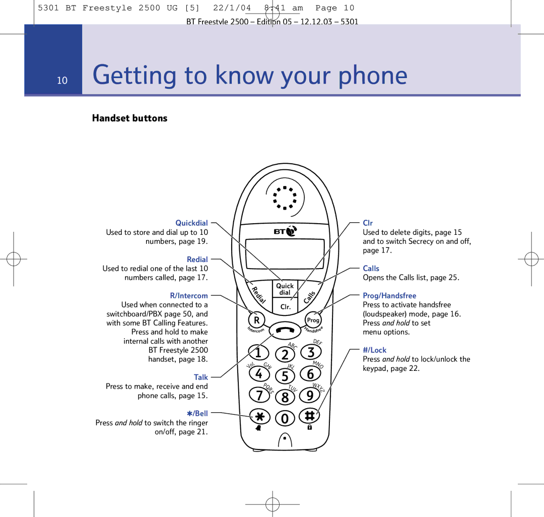 BT 2500 manual Getting to know your phone, Handset buttons 