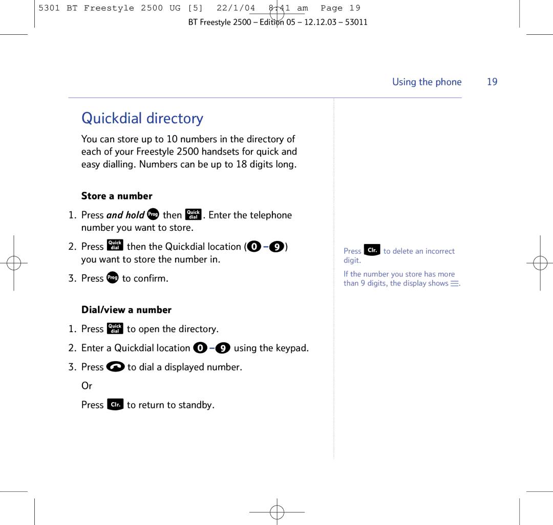 BT 2500 manual Quickdial directory 