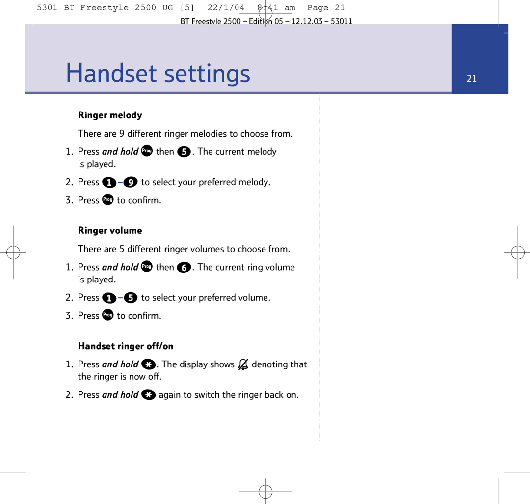 BT 2500 manual Handset settings 