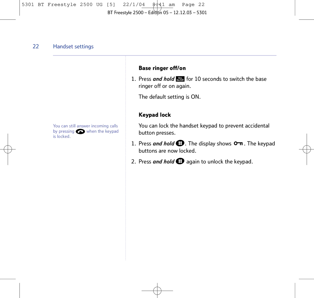 BT 2500 manual Base ringer off/on, Default setting is on Keypad lock 