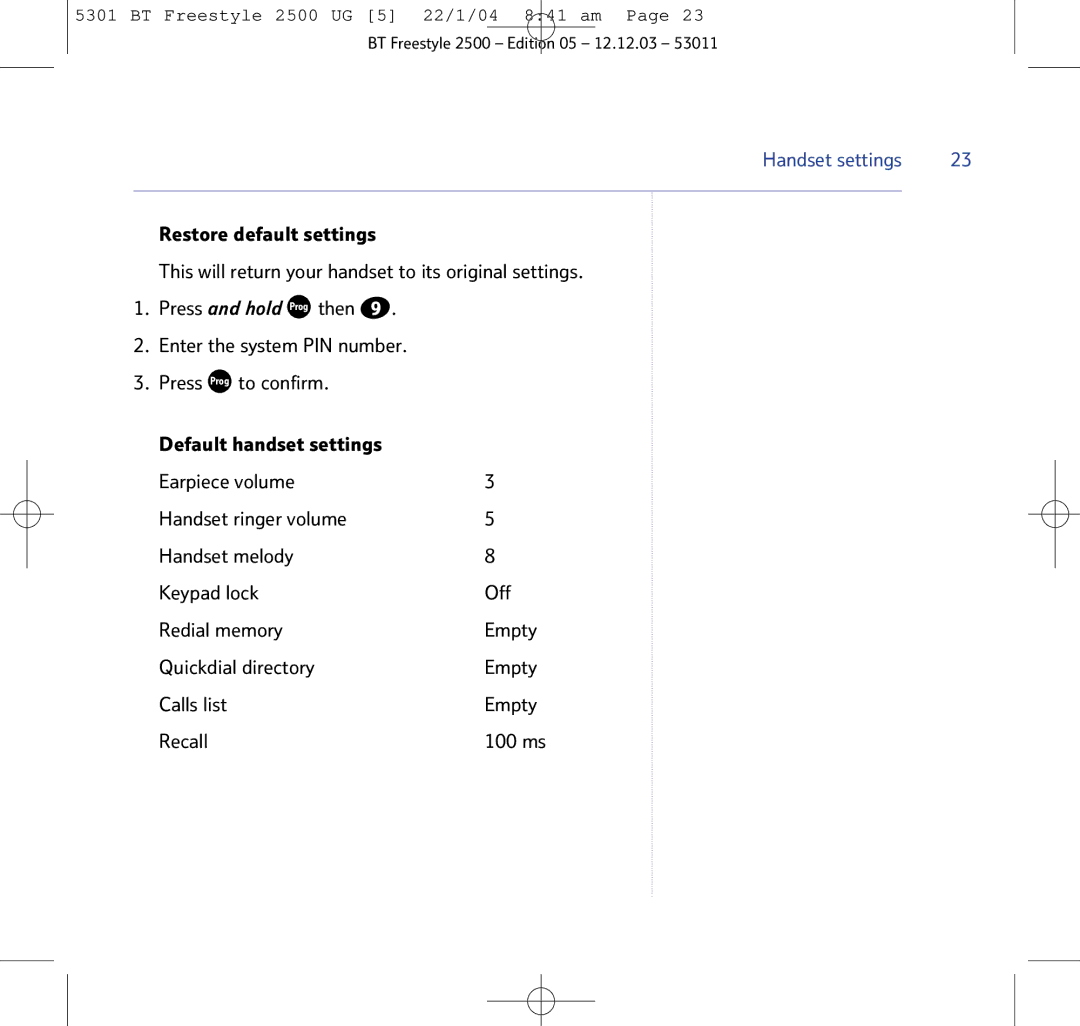 BT 2500 manual Handset settings 