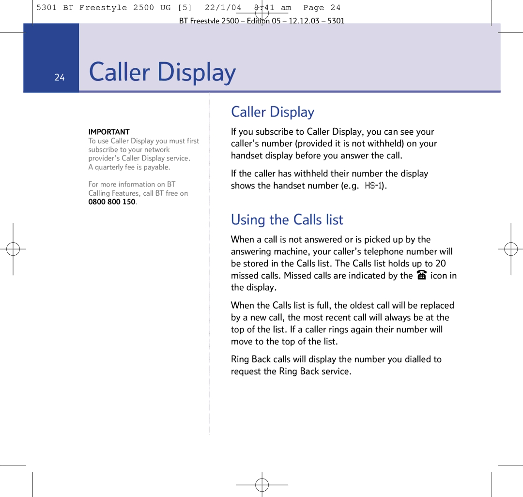 BT 2500 manual Caller Display, Using the Calls list 