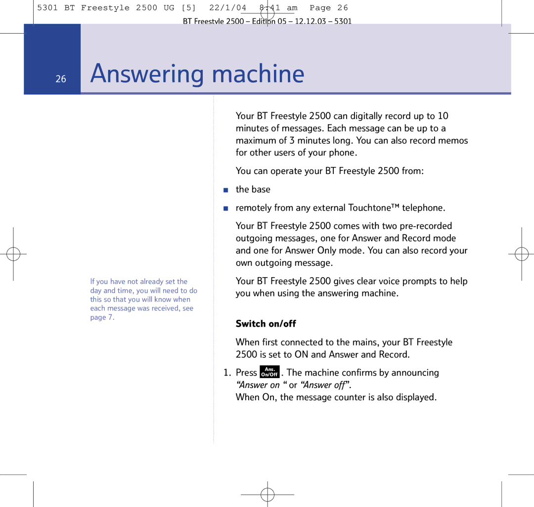 BT 2500 manual Answering machine 