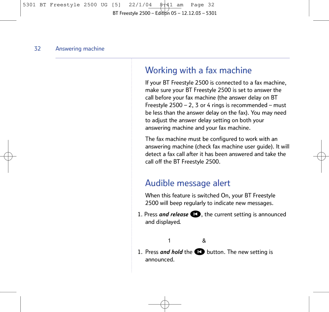 BT 2500 manual Working with a fax machine, Audible message alert, Button. The new setting is 