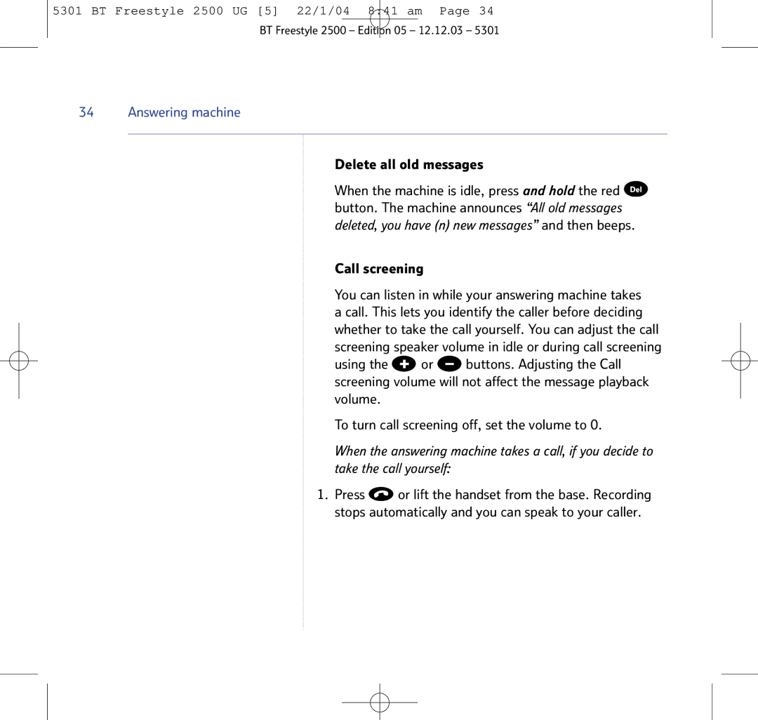 BT 2500 manual Delete all old messages 