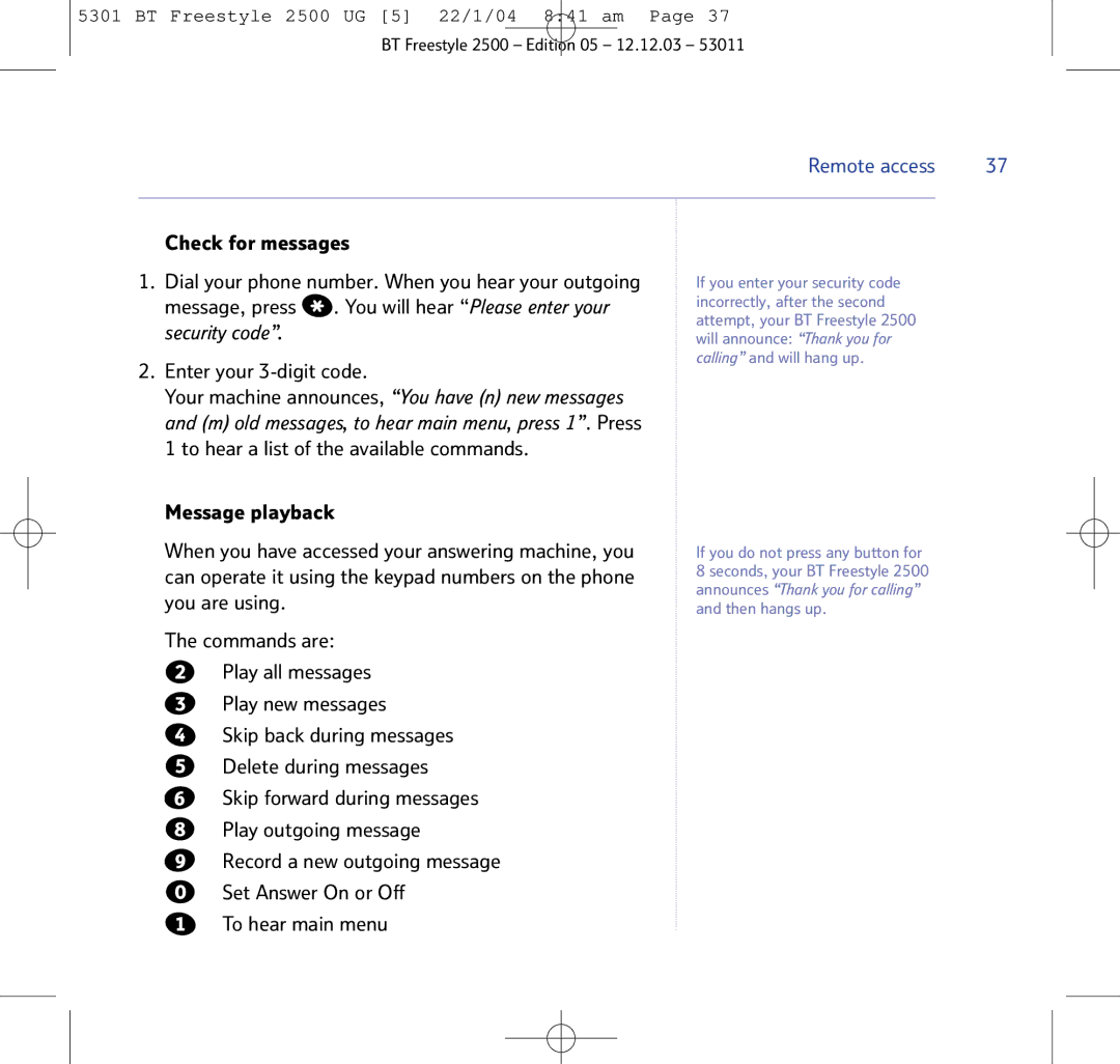 BT 2500 manual Remote access 