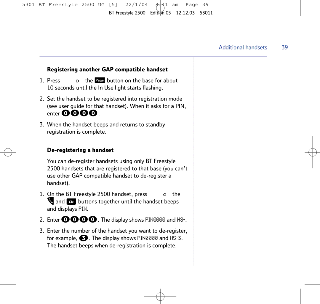 BT 2500 manual Registering another GAP compatible handset, Handset beeps when de-registration is complete 