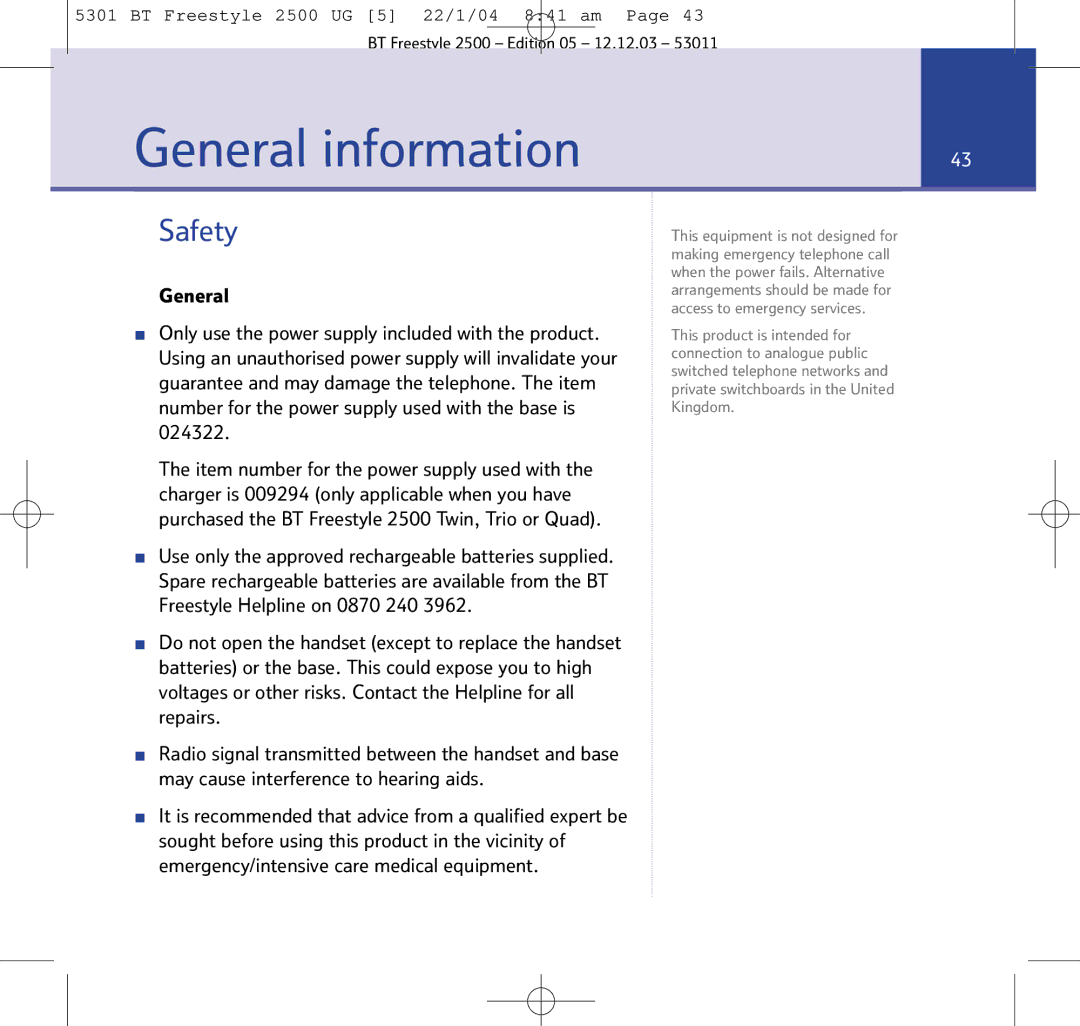 BT 2500 manual General information, Safety 