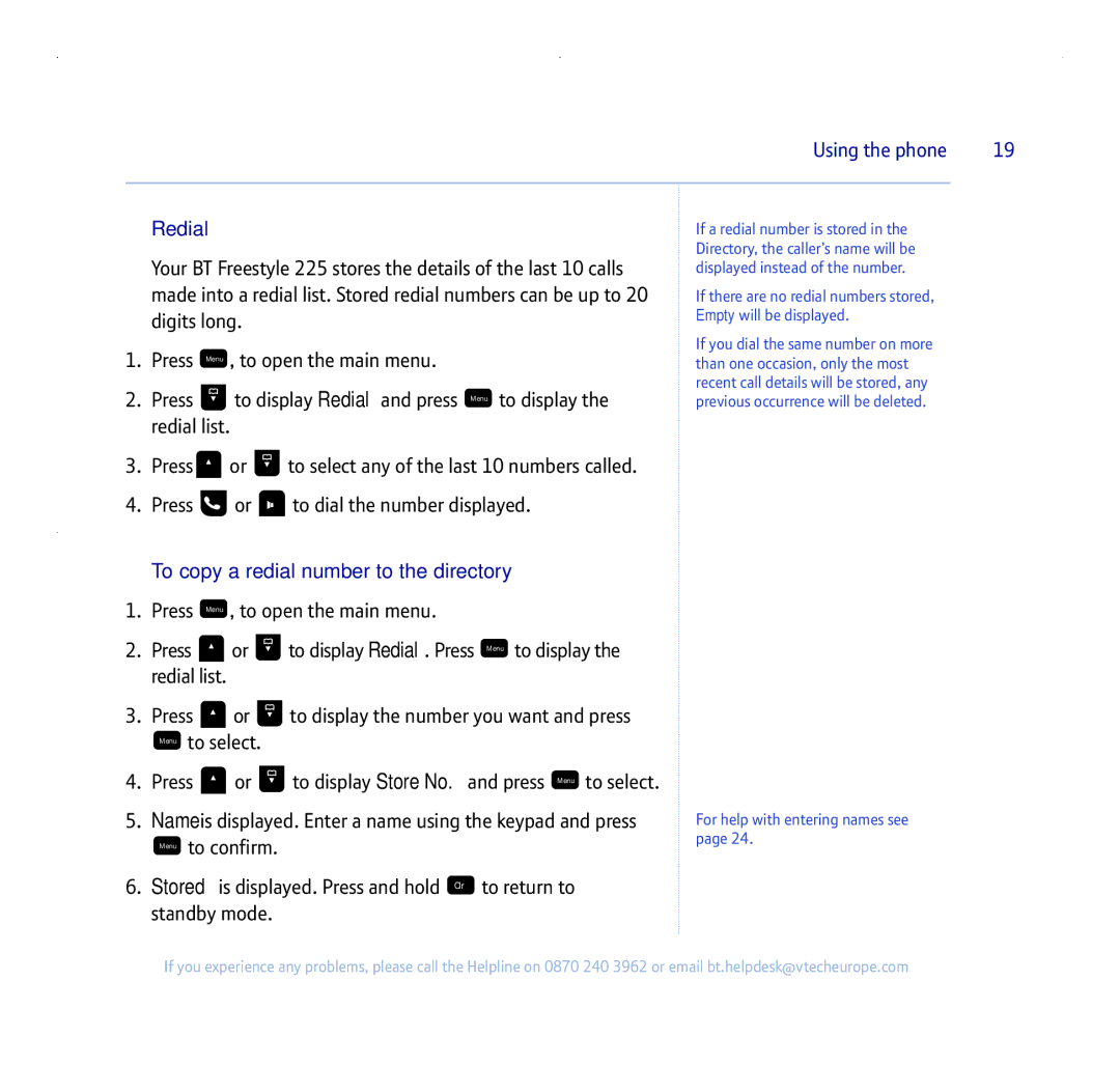 BT 255 manual To copy a redial number to the directory 