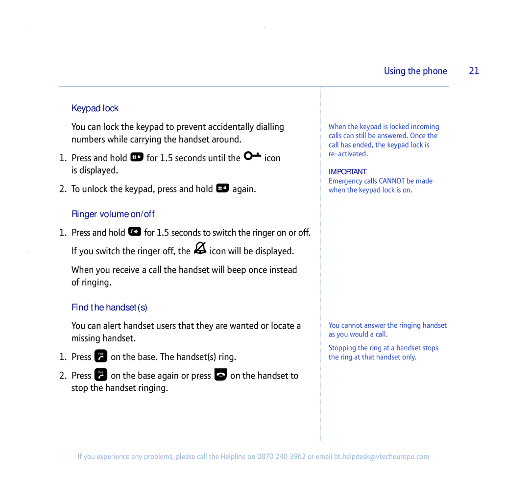 BT 255 manual Keypad lock, Ringer volume on/off, Find the handsets 