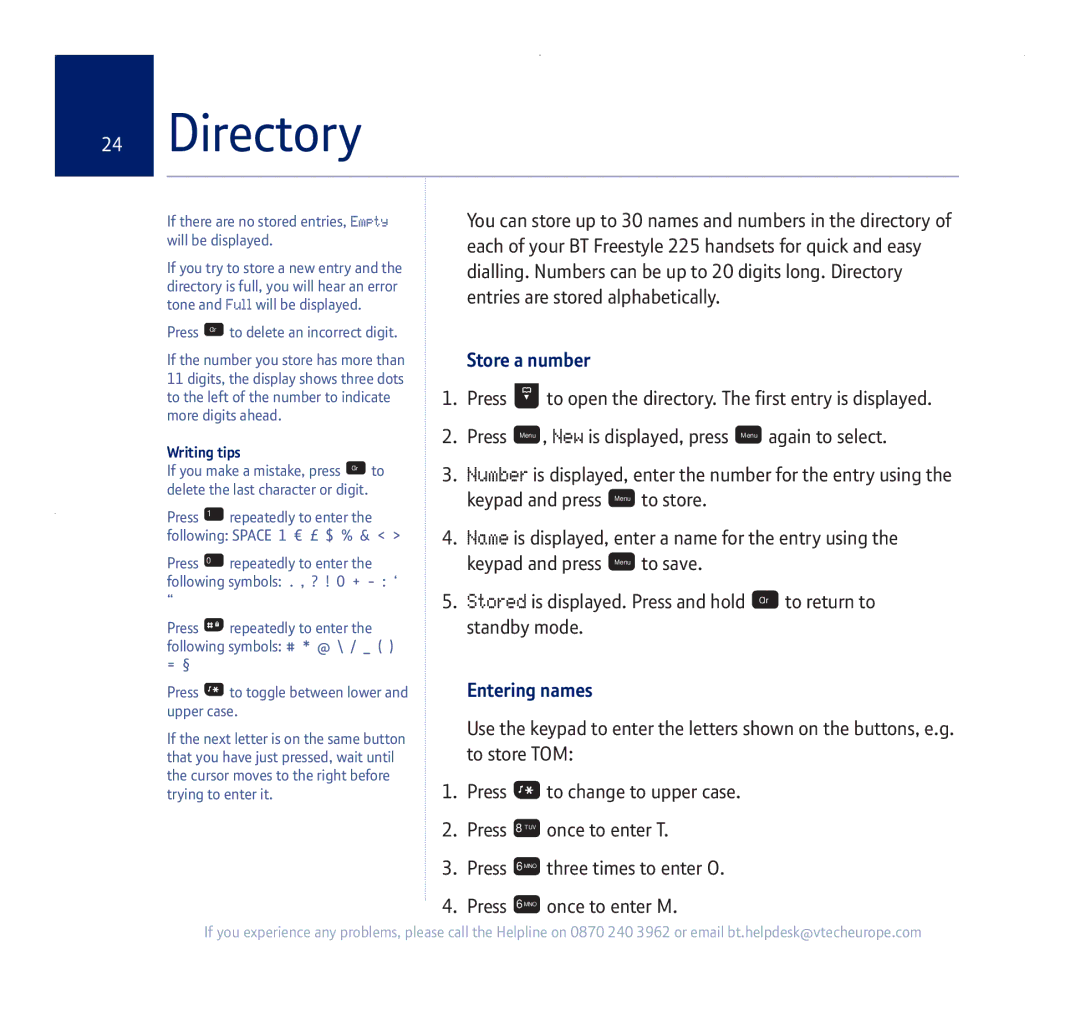 BT 255 manual Directory, Store a number, Entering names, Writing tips 