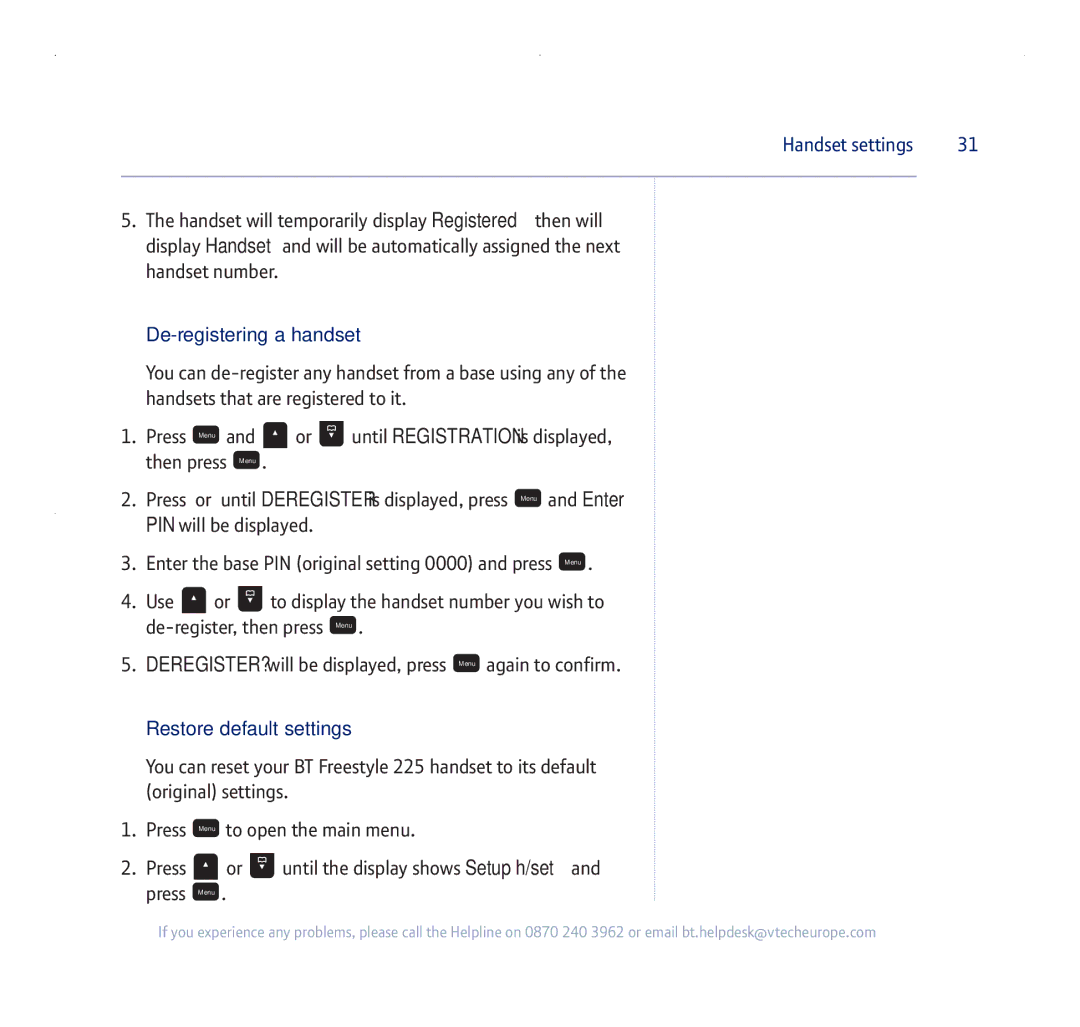 BT 255 manual De-registering a handset, Restore default settings 