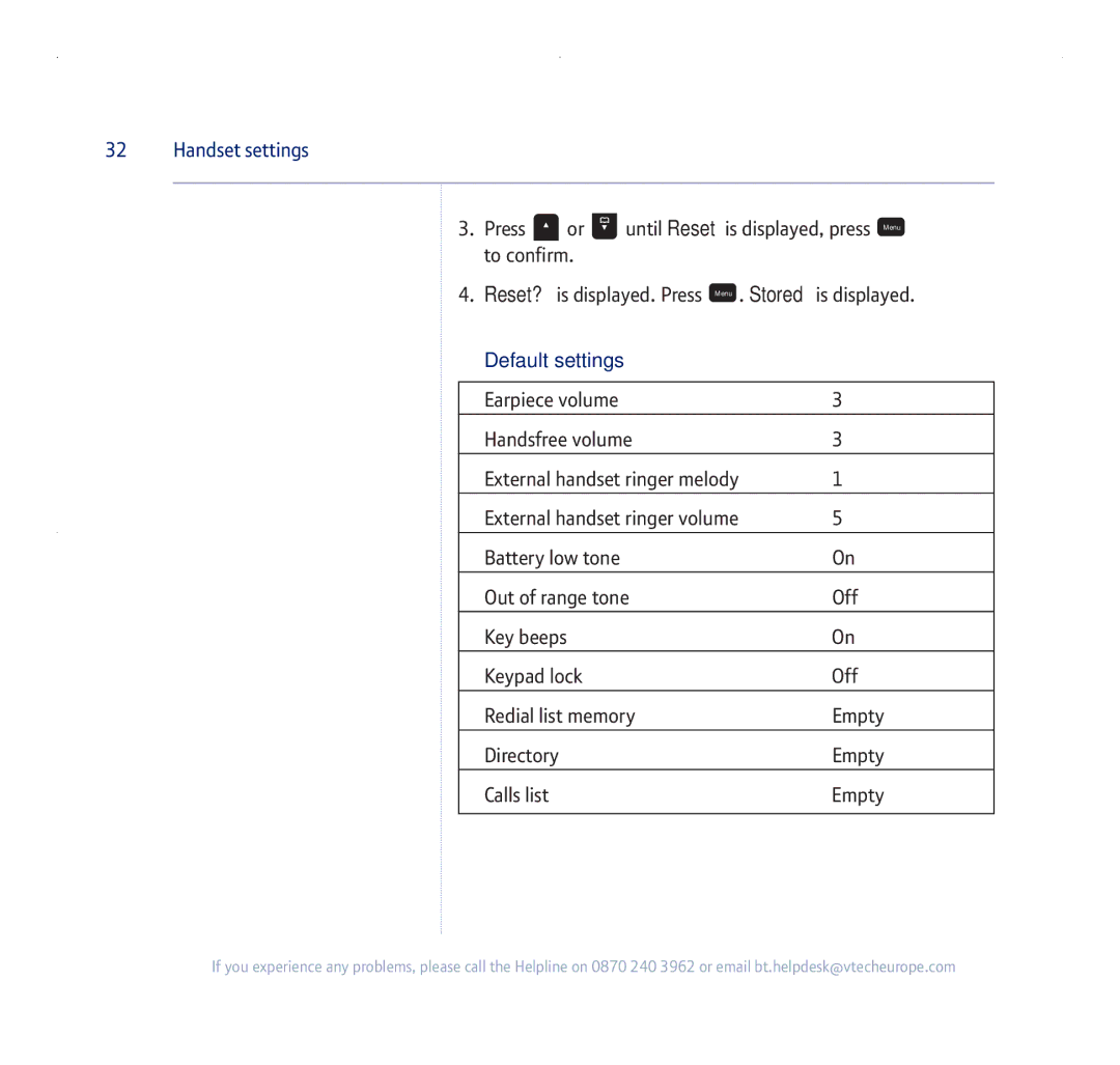 BT 255 manual Default settings 