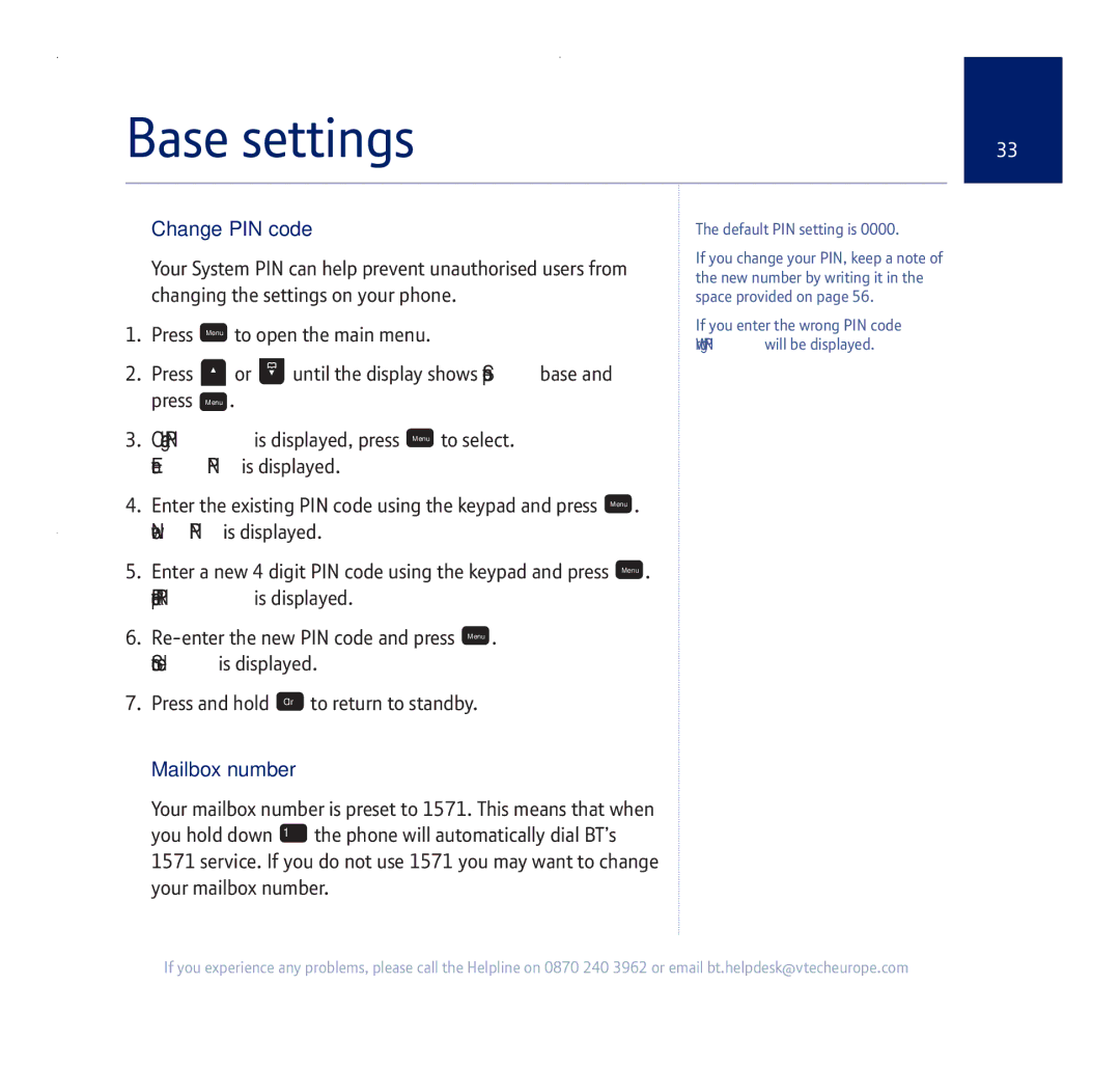 BT 255 manual Base settings, Change PIN code, Mailbox number 