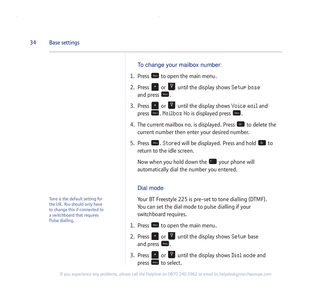 BT 255 manual Base settings, To change your mailbox number, Dial mode 