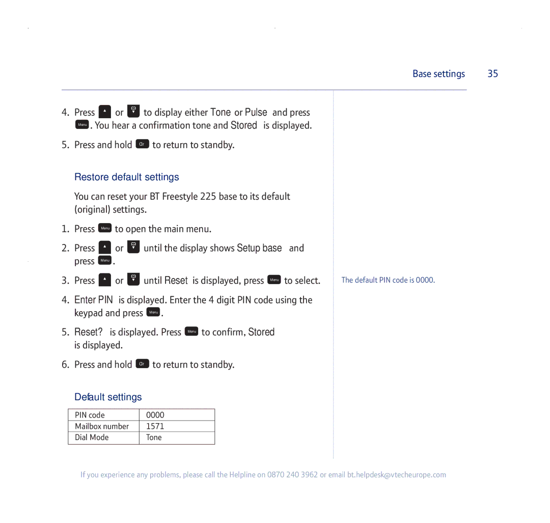 BT 255 manual Default settings 