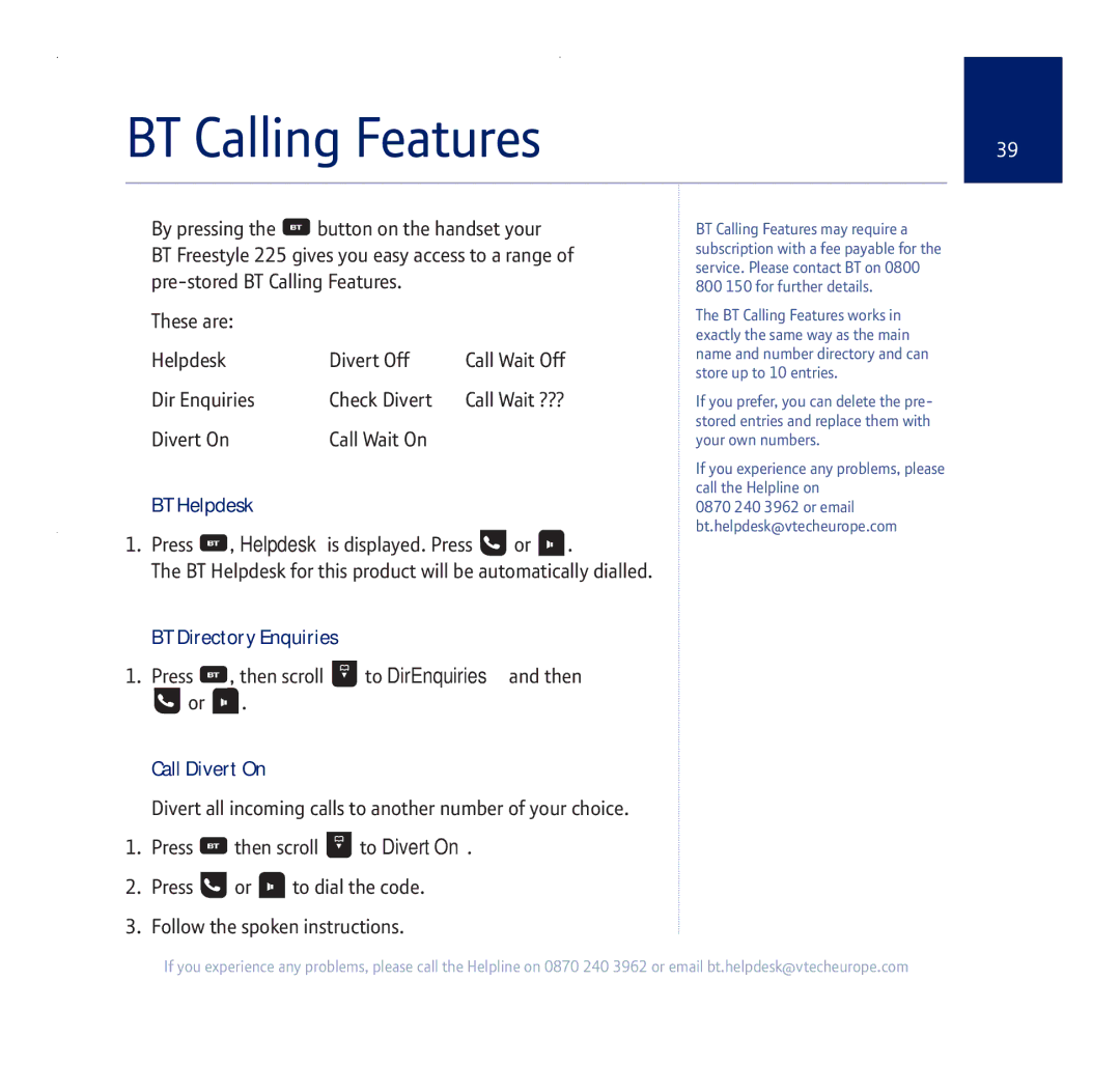 BT 255 manual BT Calling Features, BT Helpdesk, BT Directory Enquiries, Call Divert On 