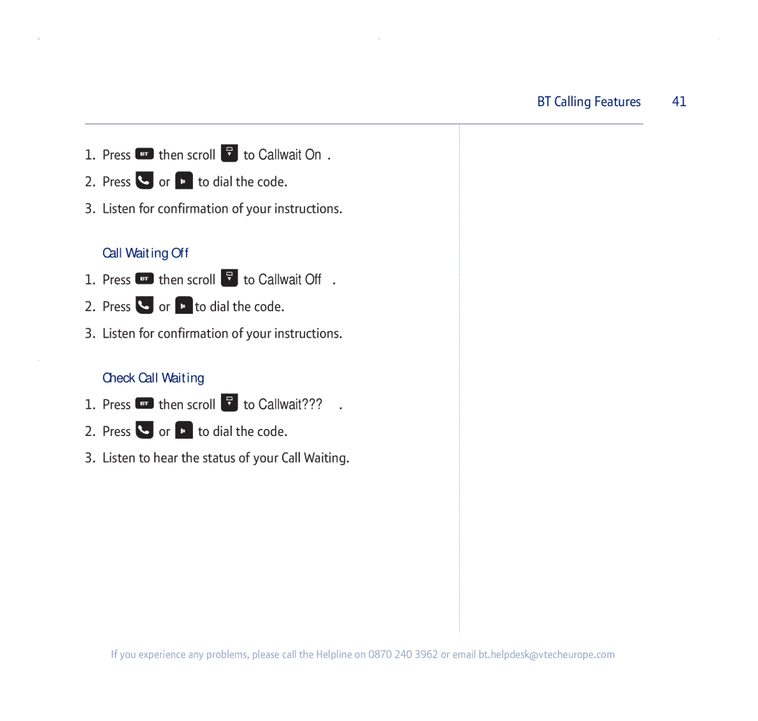 BT 255 manual Call Waiting Off, Check Call Waiting 