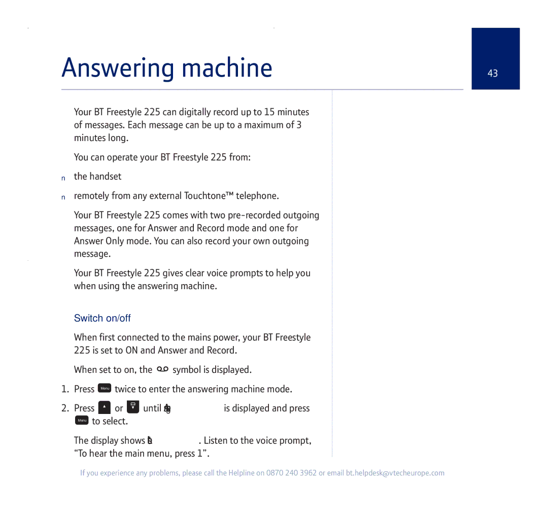 BT 255 manual Answering machine, Switch on/off 