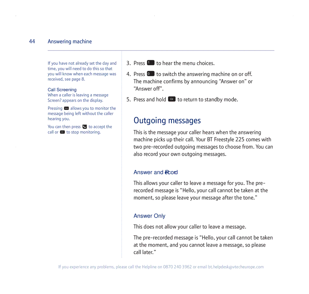 BT 255 manual Answering machine, Answer and Record, Answer Only, Call Screening 