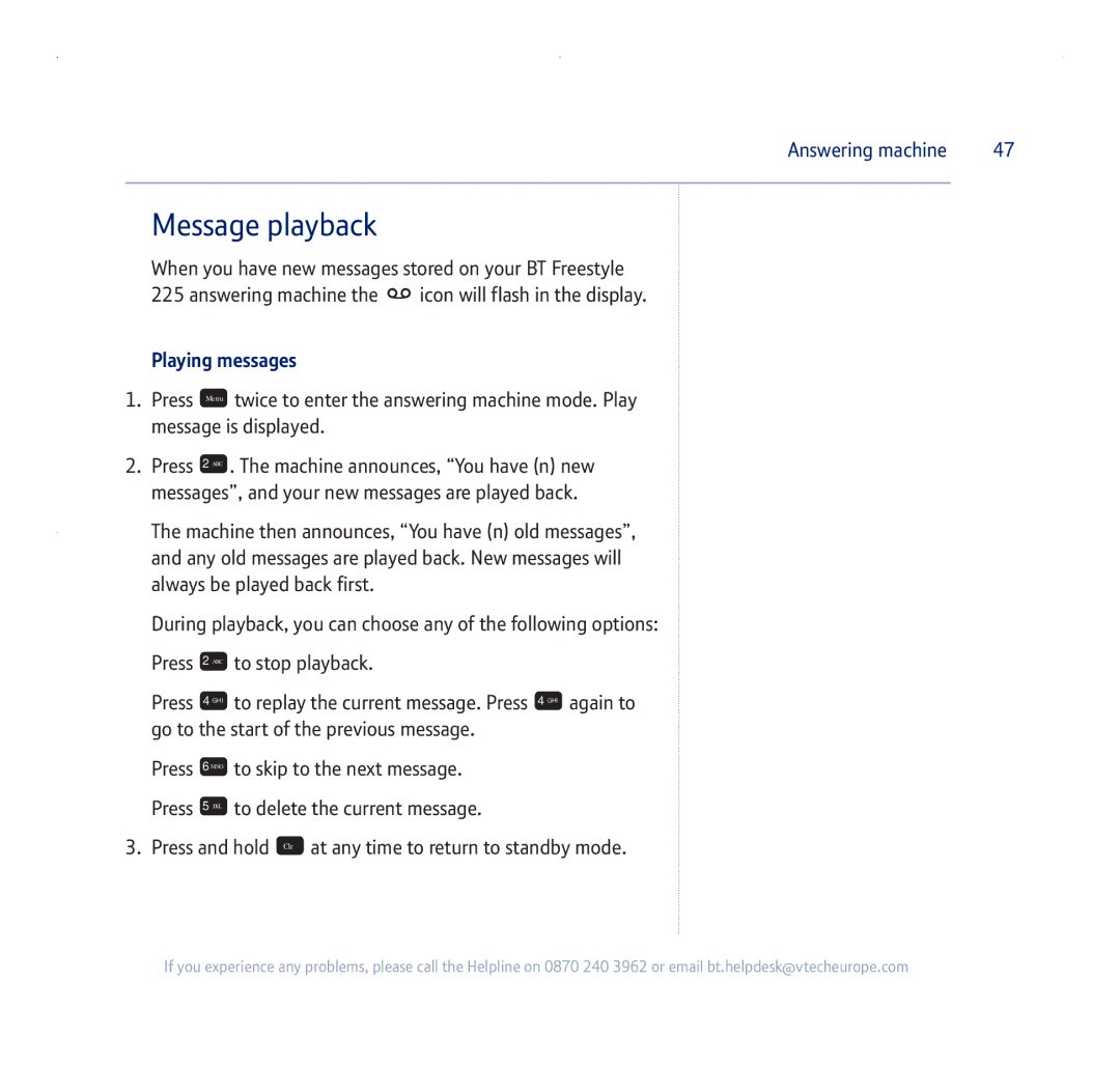 BT 255 manual Message playback, Playing messages 