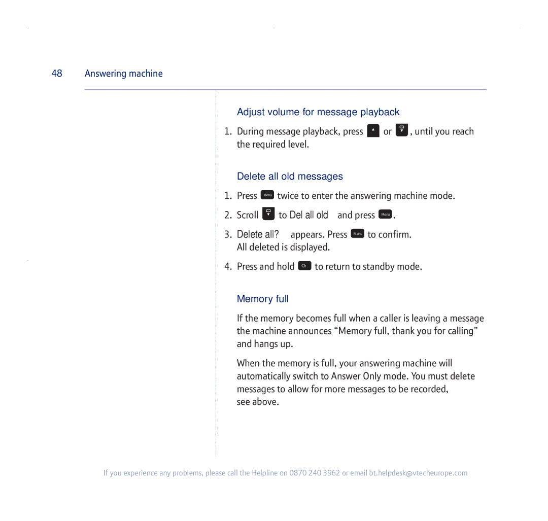 BT 255 manual Adjust volume for message playback, Delete all old messages, Memory full 