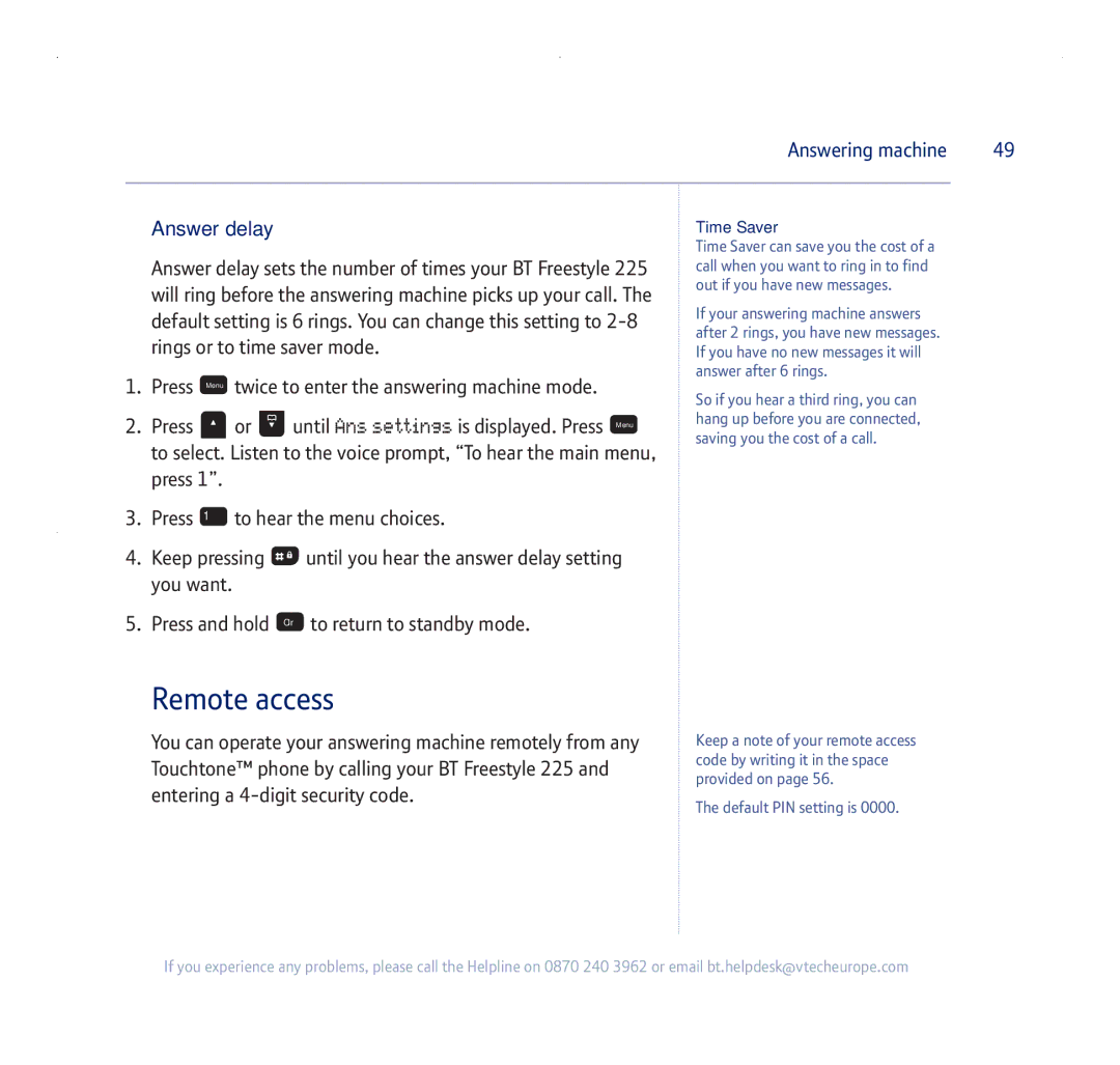 BT 255 manual Answer delay, Time Saver 